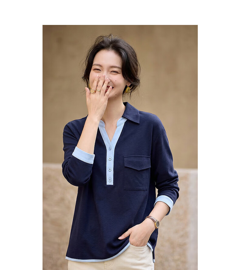 Demana Pure Cotton Slow Life Autumn Colorblock Faux Two-Piece Lapel Large Patch Pocket Loose Slim Shirt for Women Premium Feel 10