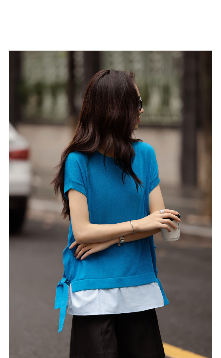 Demana [Linen Lyocell Blend] Spring Split Ribbon Colorblock Short Sleeve Slim Fit Women's Knit Sweater 11