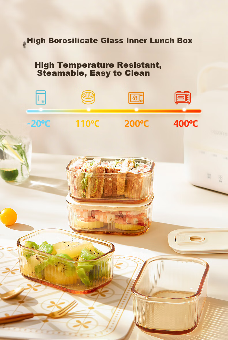 Xike Electric Heated Lunch Box Glass Heating Lunch Box Insulated Double-Layer Four-Compartment Office Steaming Cooker with Reservation for Office Workers Bento Box DFH-001 2