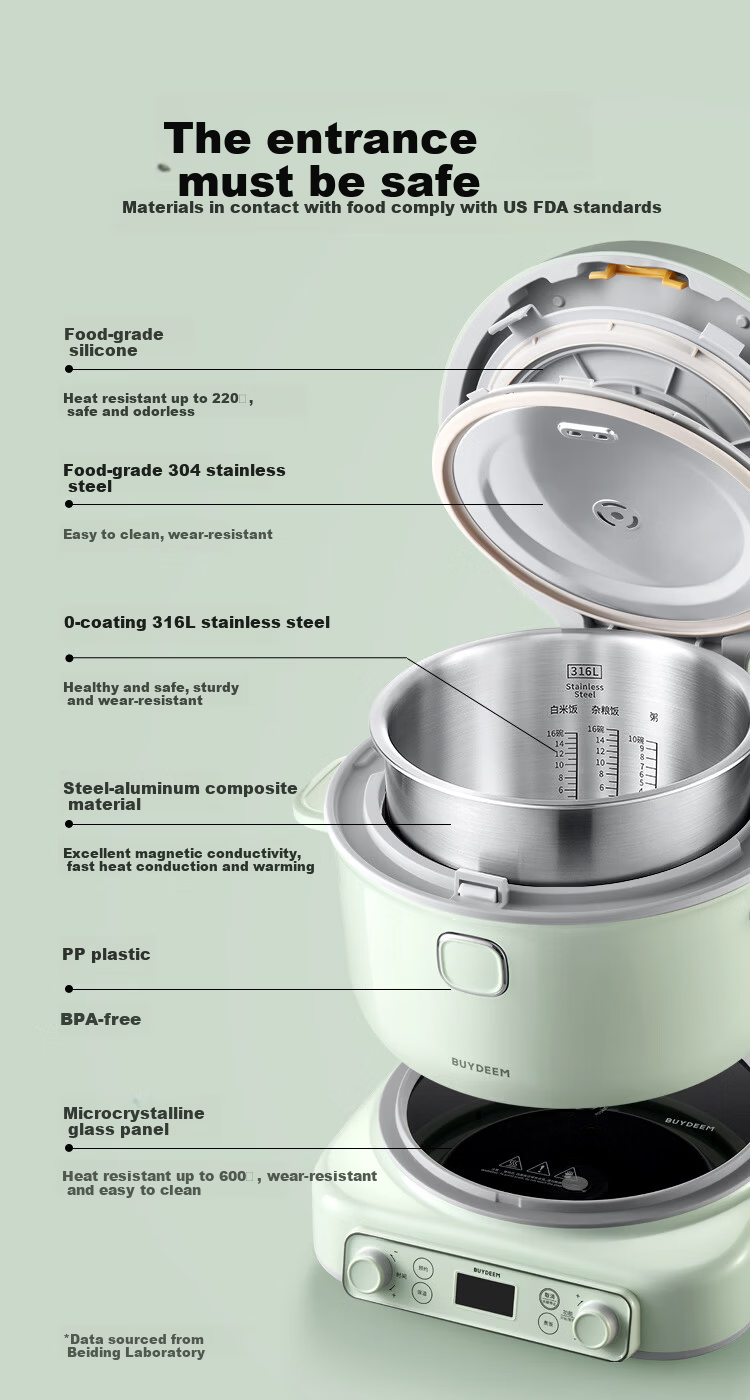 Buydeem R551 Rice Cooker 4-8 People Large Capacity Multifunctional IH Frequency Conversion Heating Non-Stick Inner Pot Porridge and Rice Cooker with Reservation and Keep Warm Function Light Cedar Gree 9