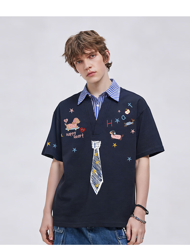 Charles Peach Heart Fake Two-Piece Cartoon Graffiti Tie Print Unisex Cotton Couple Short Sleeve Polo Shirt Off-White XS 15