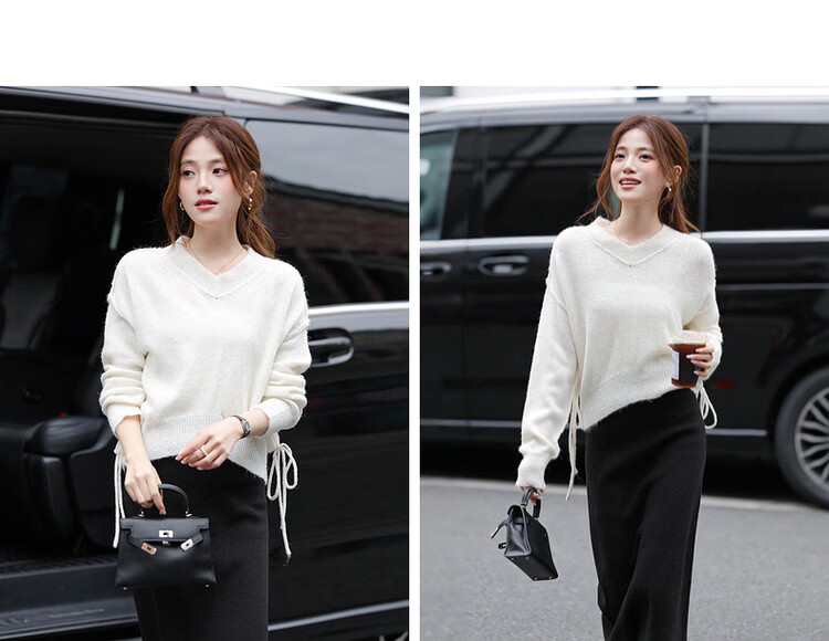MT Spring Soft V-Neck Pleated Knit Sweater with Fluffy Wool for Women 10