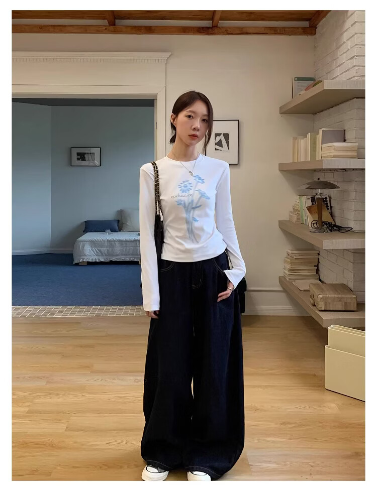 ICH MODE Floral Print Short Sleeve T-Shirt Women Spring Autumn New Korean Style Beautiful Shoulder Tee Navy Blue S 25