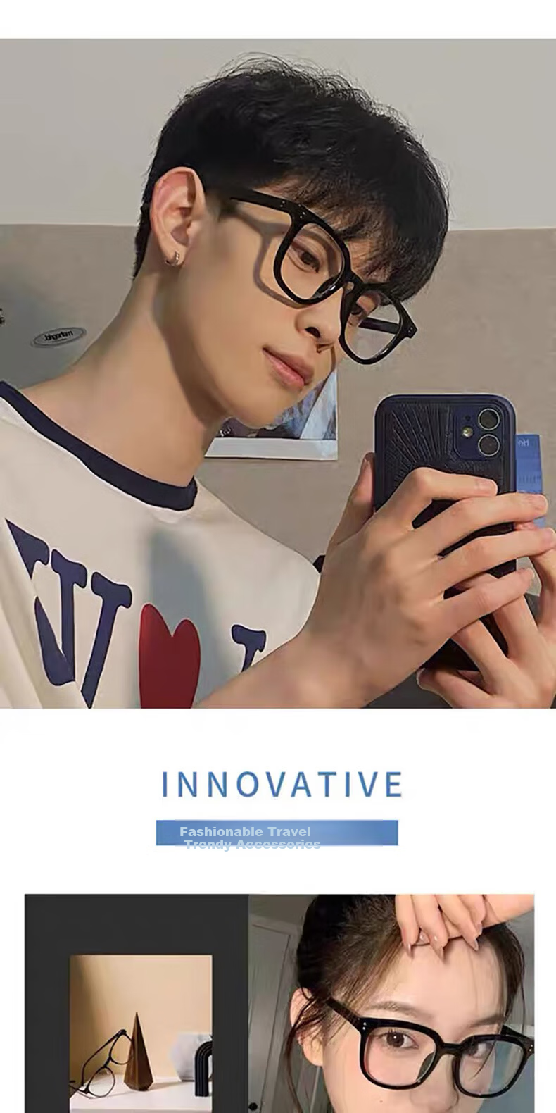 Jimmy Orange Blue Light Blocking Radiation Protection Black Frame Glasses Unisex Trendy Large Frame Non-Prescription Plano Glasses for Nearsightedness 2