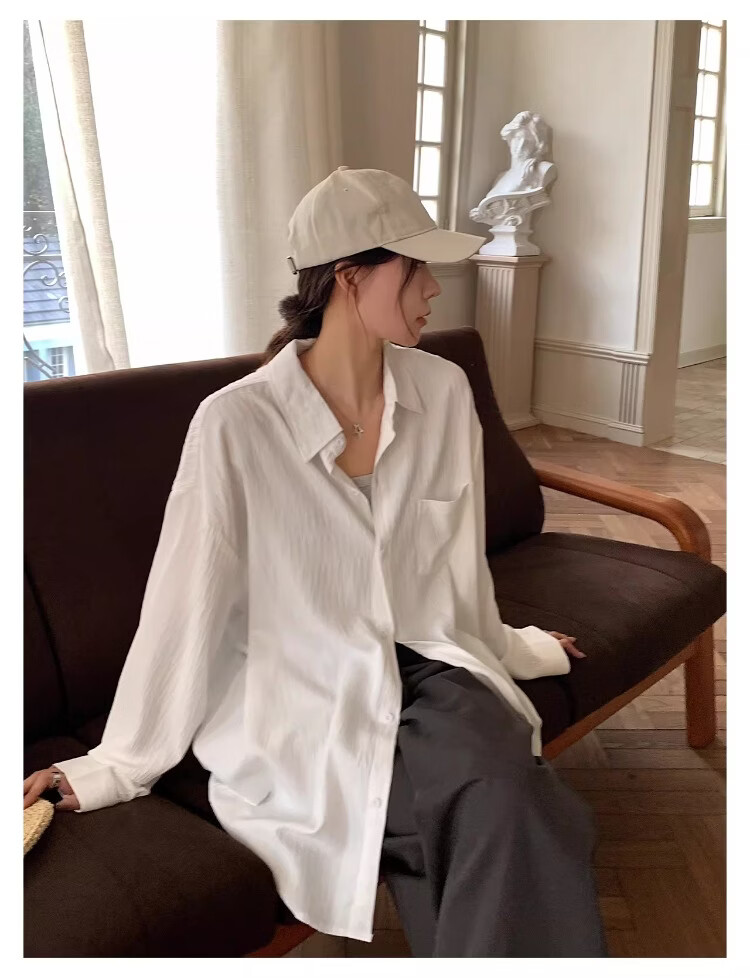 ICH MODE Textured Lazy Style Physical Sun Protection Long Sleeve Shirt Island Vacation White S 17
