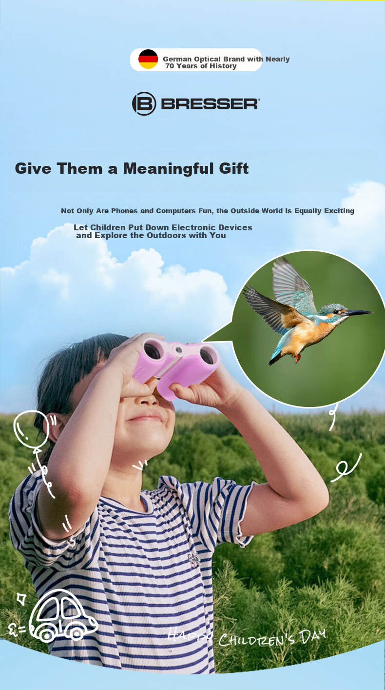 Bresser Germany Bresser 6x21 Fixed Focus Gray Binoculars for Children Ages 3-10 Compact Spring Festival Birthday Gift 2