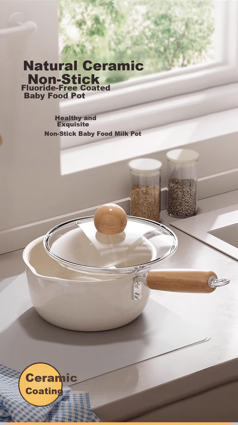 Deming Ceramic Small Milk Pot Baby Food Supplement Pot Infant Frying and Cooking Household Integrated Pot Instant Noodle Soup Pot Non-stick with Lid 16CM 1