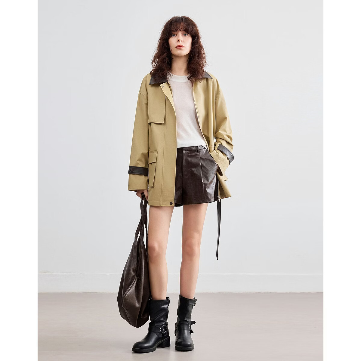 Demana Pure Cotton Barn Style Autumn Color-Block Lapel Splicing PU Patch Pocket Loose Slim Fit Women's Jacket Premium Quality