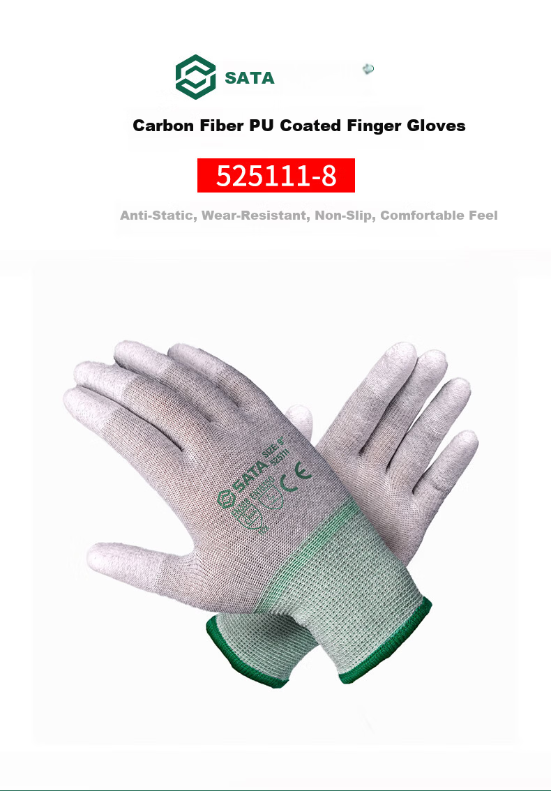 SATA 525111 Work Safety Anti-Wear Non-Slip Workshop Factory PU Coated Anti-Static Work Gloves Size 8, 12 Pairs/Pack 1