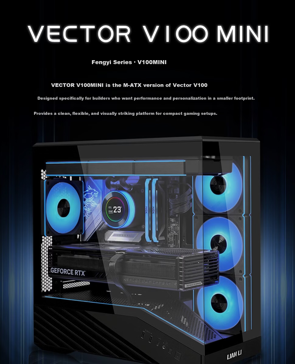 LIANLI Lianli Fengyi V100 MINI PC Case Pre-installed 4 Fans Seaview Case Black / Supports M-ATX Motherboard / 360mm Water Cooling / Pre-installed GPU Bracket 1