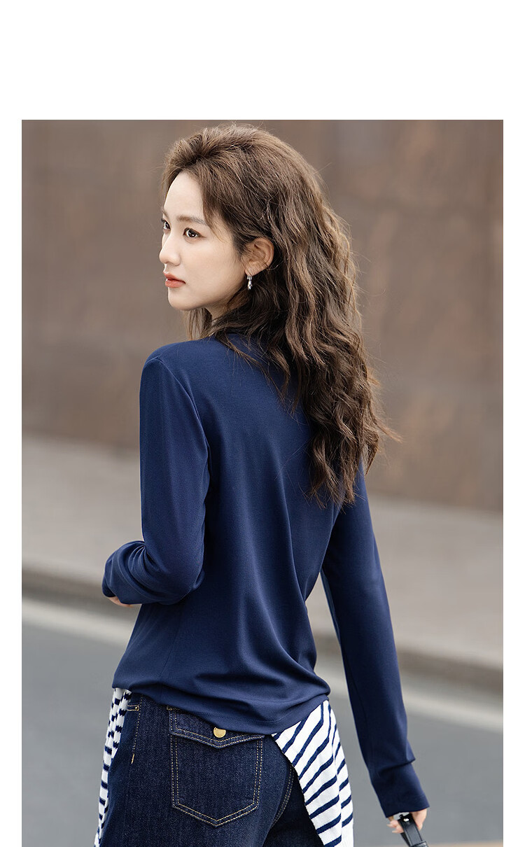 Demana [Smart Life] Autumn Simple Style Contrast Color Button Decor Slim Fit Petite T-Shirt for Women Premium Feel 4