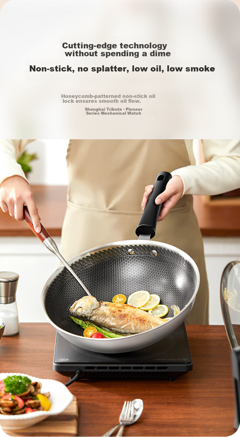 Midea Non-Stick Wok, Cooking Pan, 304 Stainless Steel Flat Bottom Pan, Ceramic, Zero Fluorine Snowflake Pattern, Compatible with Induction Cooker 3