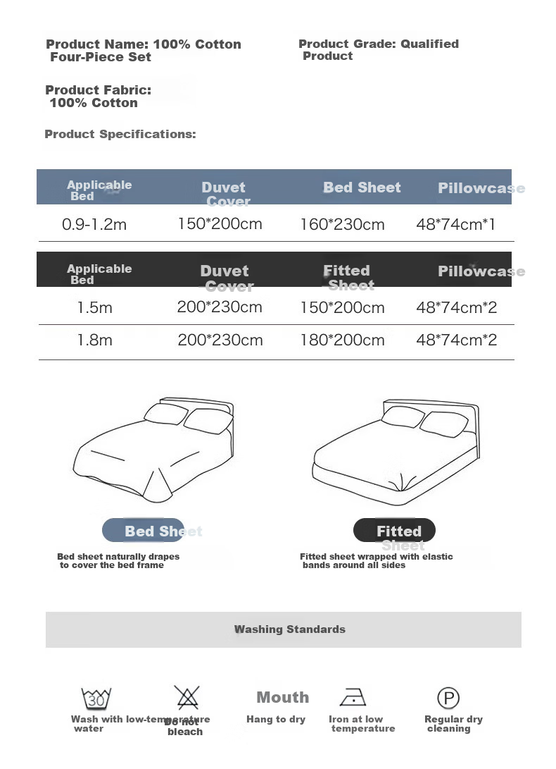 MUJI 100% Cotton Four-Piece Bedding Set, Pure Cotton Fitted Sheet for 1.5m Bed, Duvet Cover 200x230cm 18