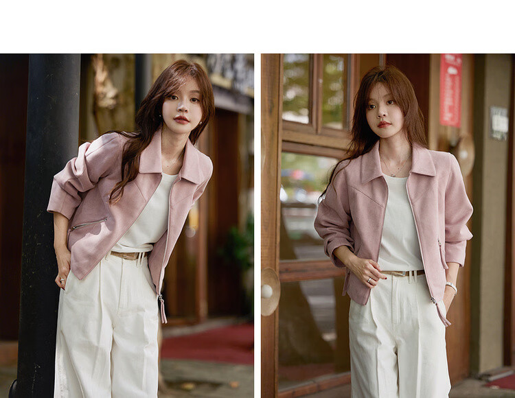 Mt [Mist Wild Rose] Spring Sweet Cool Style Suede Lapel Zipper Loose Short Women's Jacket Coat 11