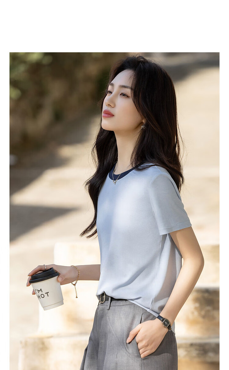 Demana [with Lyocell Wool] Spring Urban Simple Colorblock Crew Neck Short Sleeve Stretch Slim Fit Women's T-Shirt 6