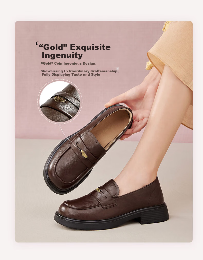 Basto Mall Same Style [Genuine Leather] College Style Loafers Chunky Heel Women's Shoes Black Size 35 8