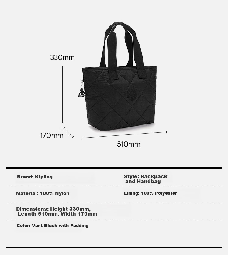 Kipling Large Capacity Fashion Trendy Tote Bag IRICA Vast Padded Black Birthday Gift Festival Present 1