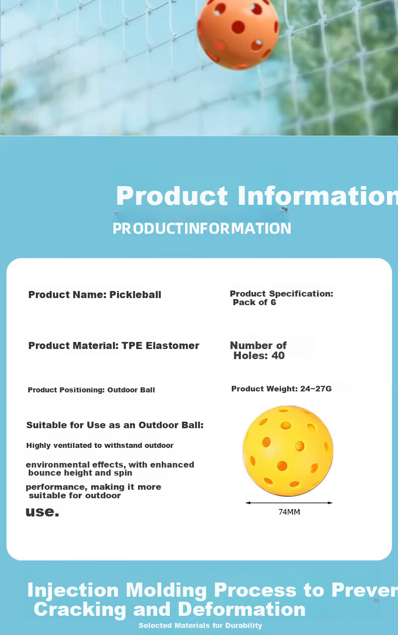 BIBIQI Pickleball Professional Indoor Outdoor 40-Hole Molded Balls Sports Equipment 6-Pack 2