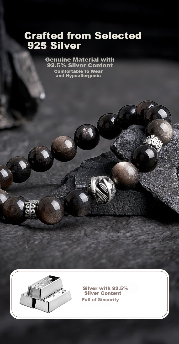 Yinqianhui 925 Sterling Silver Men's Bracelet Black Obsidian Fashion Jewelry Anniversary Valentine's Birthday Gift for Boyfriend 3