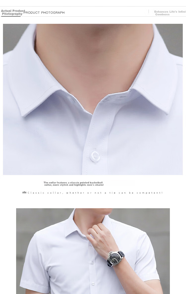 Woodpecker Plain Solid Color Men's Summer Business Wrinkle-Free Dress Shirt Suit Groomsman Long Sleeve White 41 44