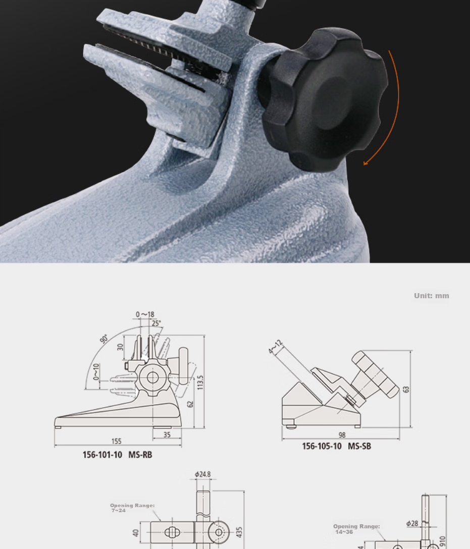 Mitutoyo Micrometer Base 156-101-10 Adjustable Angle 15-100mm Micrometer Stand Holder Bracket 6