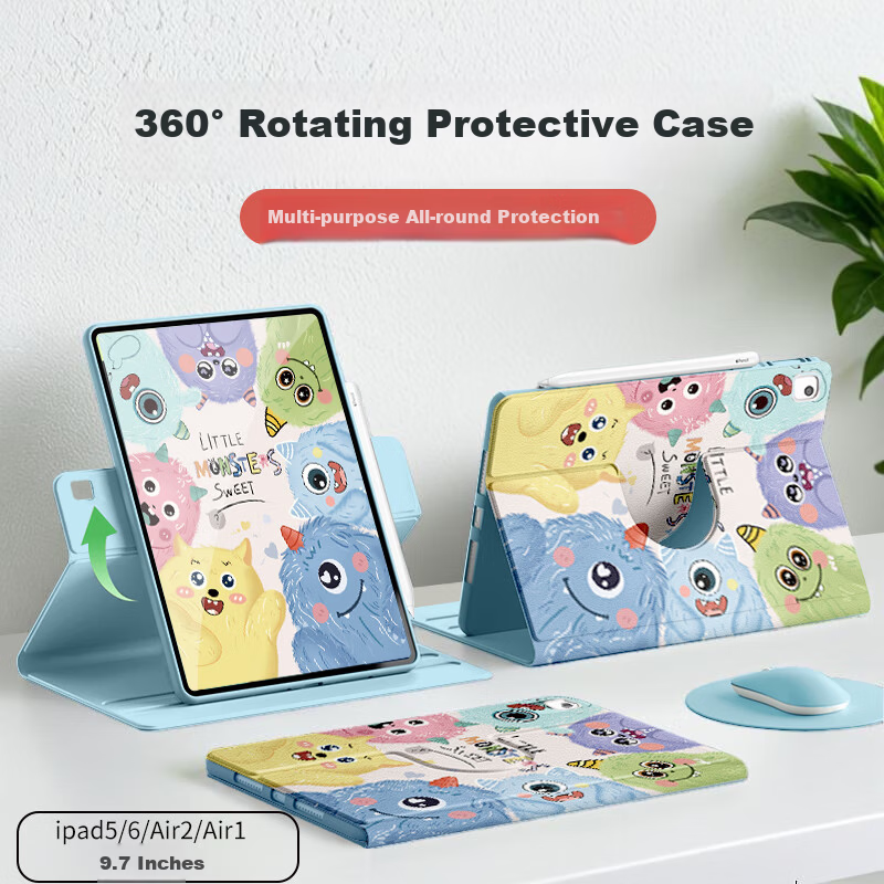 Shell Sister 9.7-inch iPad Case 360-Degree Rotatable Cartoon Painted Silicone Shockproof Anti-Bend Cover Compatible with iPad 5/6/Air2/Air1