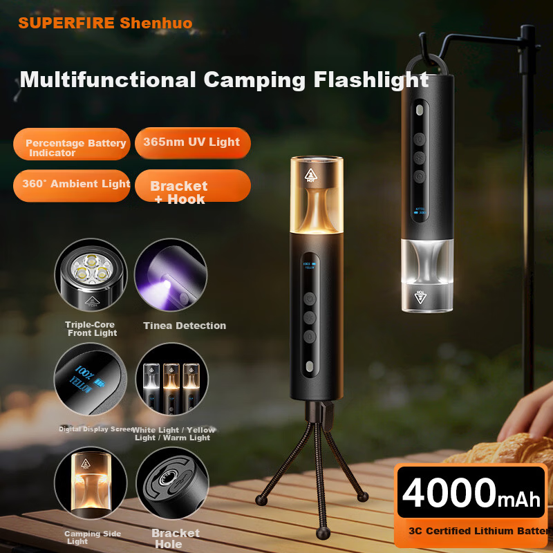SupFire High-Power Flashlight Long Battery Life Camping Portable Emergency Strobe 365nm UV Light Multifunctional for Self-Driving and Outdoor Camping