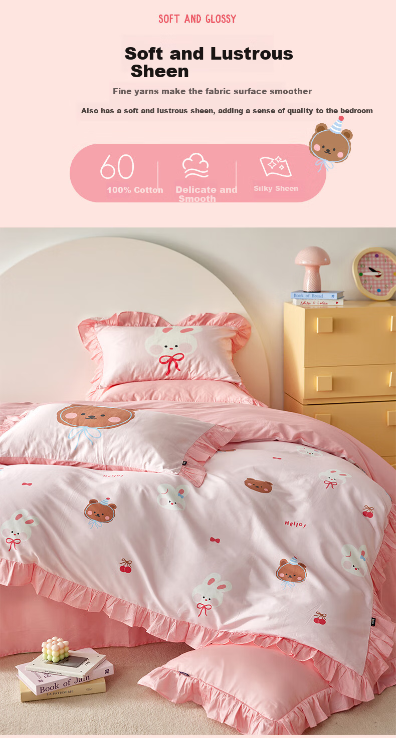 Dohia Pure Cotton 4-Piece Bedding Set 60s Cotton Sateen Double Bed Sheet and Duvet Cover Set 1.5m Bed 203x229cm Ruffled Edge Style 8