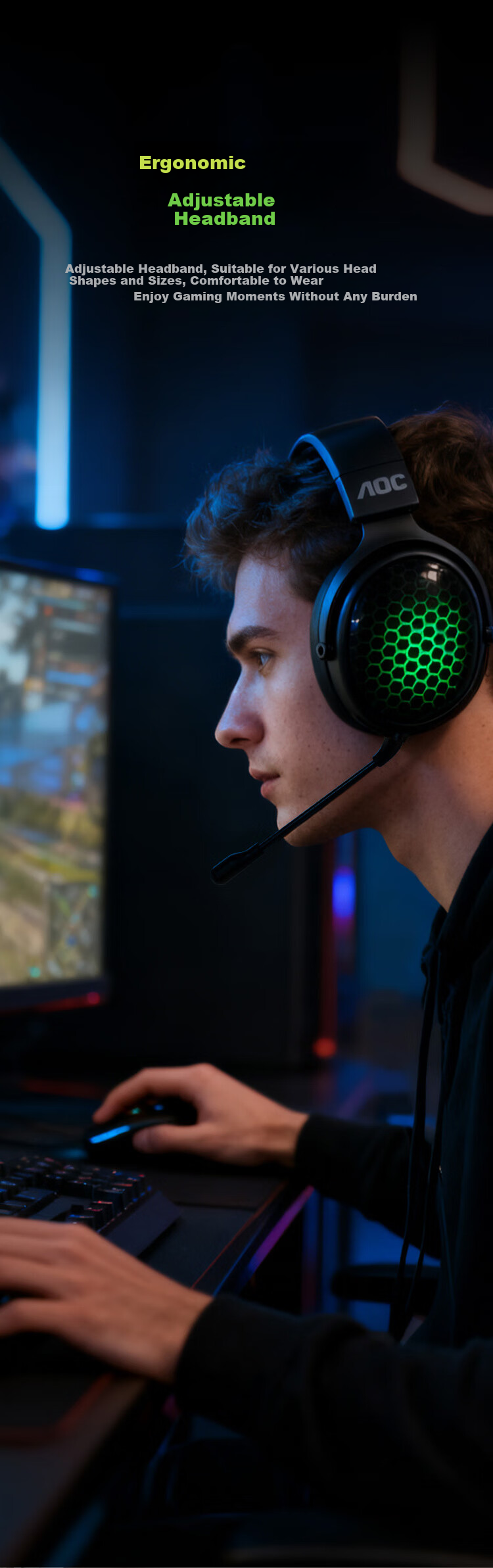 AOC Gaming Headset Over-Ear 7.1 Surround Sound PC Headphones Delta Operation FPS Wireless Bluetooth Wired Tri-Mode Long Battery Life 3