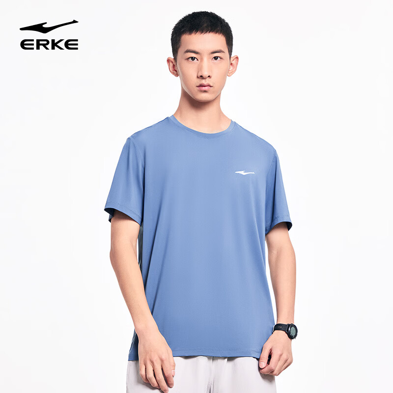 Erke Men's Sunscreen T-Shirt Summer New Sports Short Sleeve Moisture-Wicking Solid Color Running Casual Top