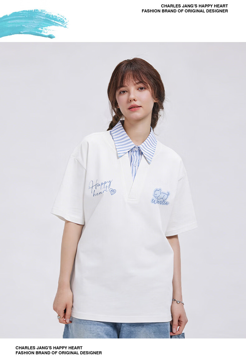 Charles Heart Contrast Collar Couple Pure Cotton Short Sleeve Polo Shirt with Playful Puppy Print Unisex Off-White XS 14