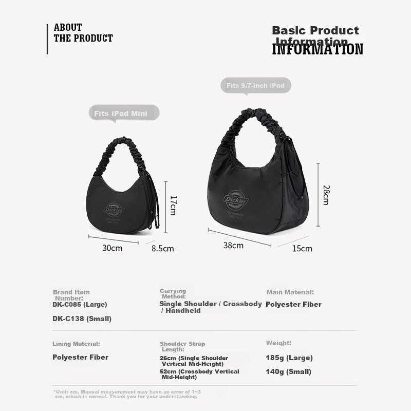 Dickies Women's Shoulder Bag Cloud Bag Sports Commuter Underarm Crossbody Travel Large Capacity Dumpling Bag Graphite Black