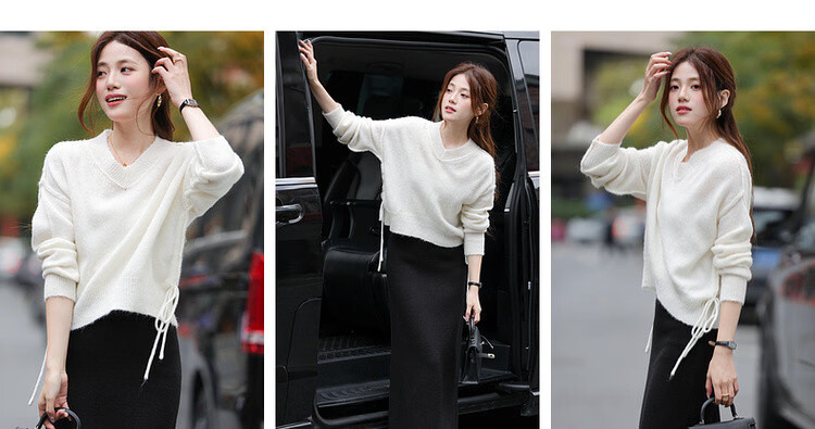 MT Spring Soft V-Neck Pleated Knit Sweater with Fluffy Wool for Women 5