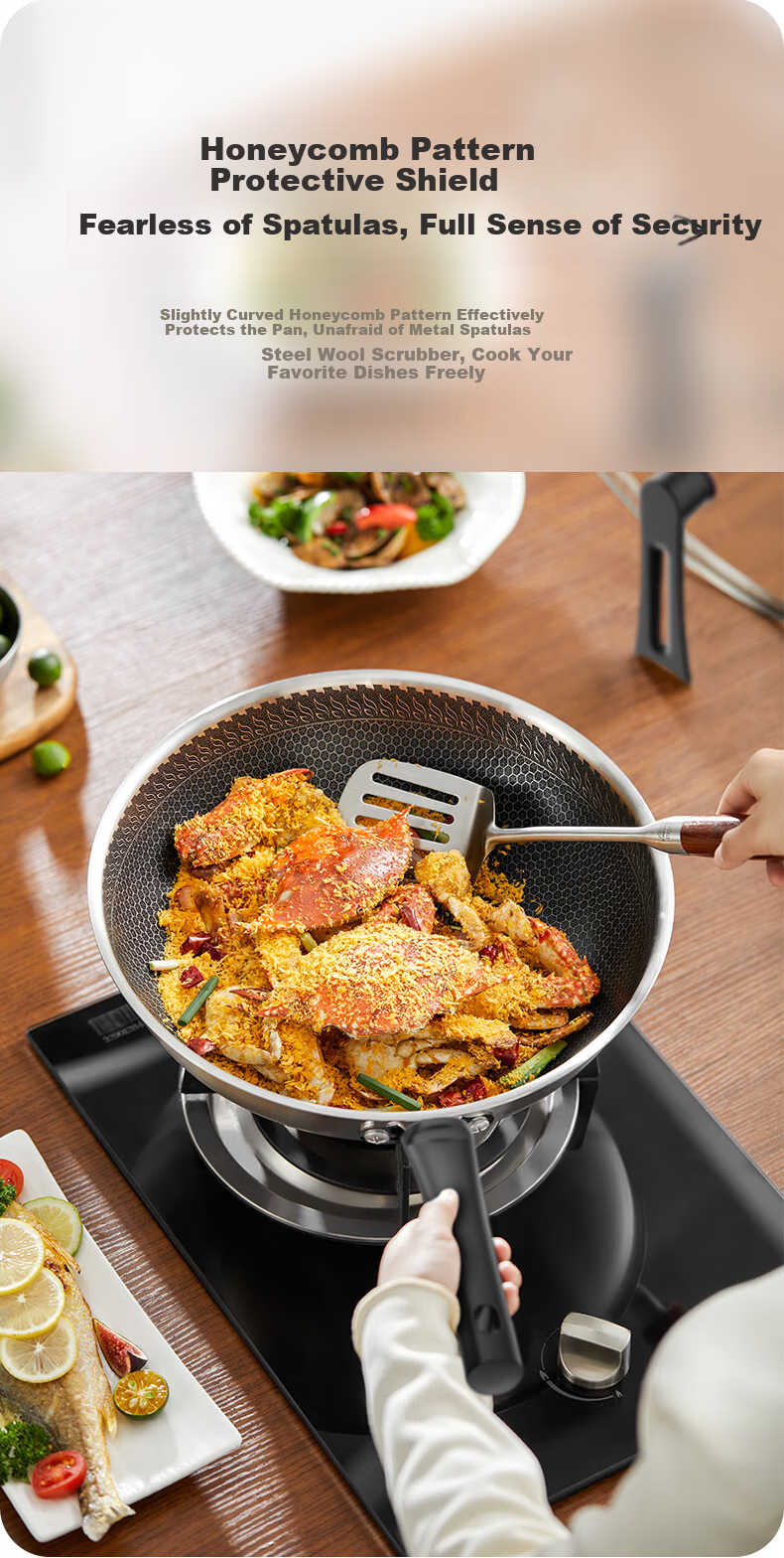 Midea Non-Stick Wok, Cooking Pan, 304 Stainless Steel Flat Bottom Pan, Ceramic, Zero Fluorine Snowflake Pattern, Compatible with Induction Cooker 6