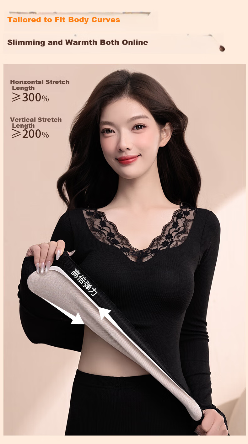 OEING Women's Thermal Underwear Lace V-Neck with Chest Pad Bra-Free Versatile Base Layer Autumn Warm Set 12