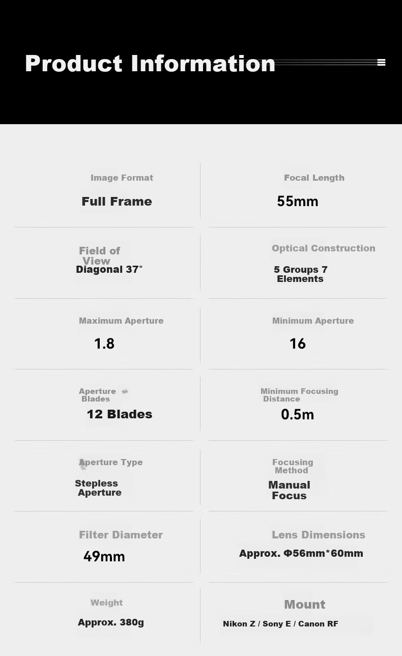Xingyao Optical Xingyao 55mm F1.8 Full-Frame Manual Focus Starry 55F1.8 Prime Large Aperture Portrait Lens for Sony E-Mount 8