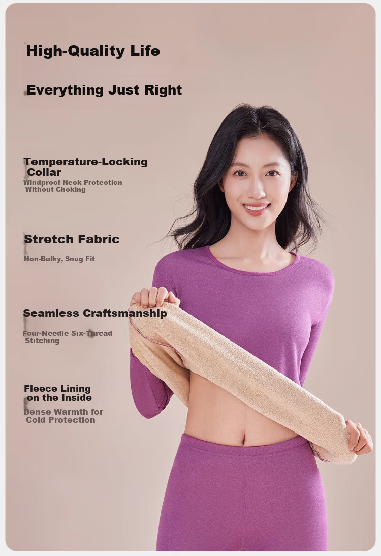 LangSha Women's Thermal Underwear Set Fleece Lined Thickened 10A Antibacterial Mite-Resistant Heating Autumn Top and Bottom Lamb Wool 5