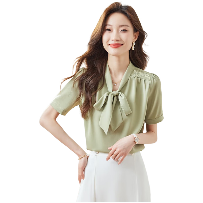 Jeanswest Women's Short Sleeve Shirt Summer Top French Bow Tie Elegant Professional Blouse Green M