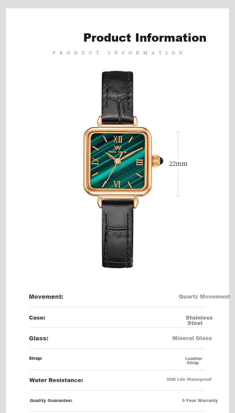 Welly Merck Women's Small Green Watch Square Minimalist Quartz Waterproof Birthday Gift for Her Qixi Festival 8