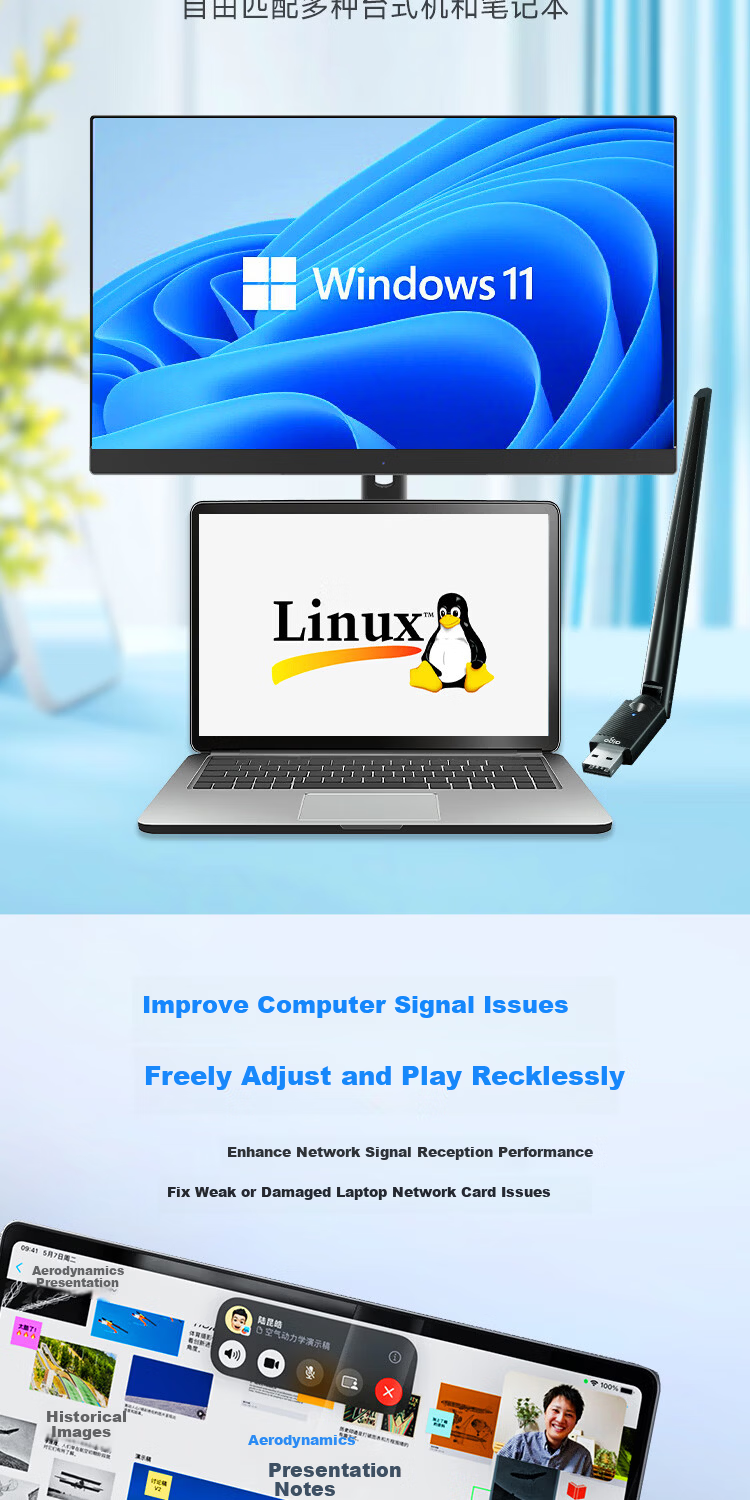 Aigo WiFi6 Smart Driver-Free USB Wireless Network Adapter for Desktop and Laptop with External High-Gain Antenna Portable WiFi Receiver Wireless WiFi Transmitter 6