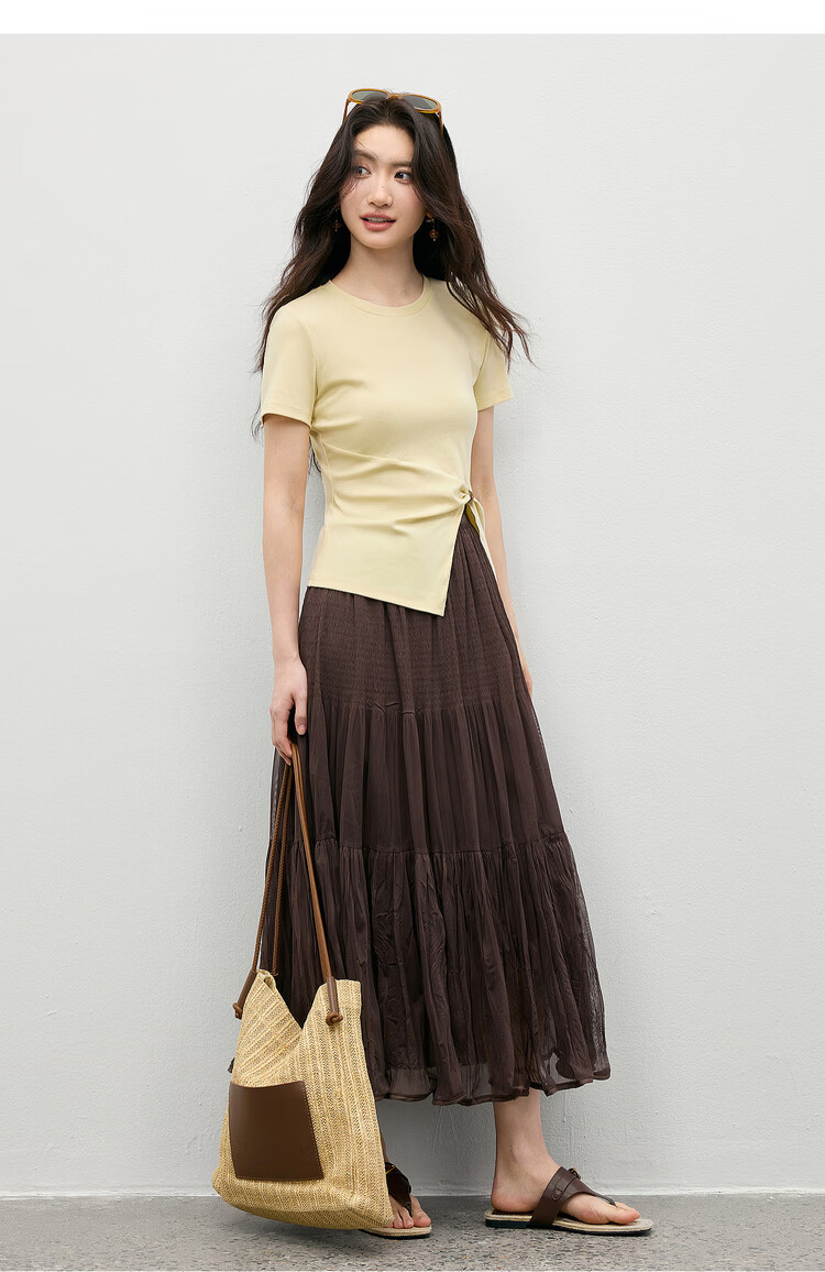Shangdu Bila Lenzing Cotton T-Shirt Women Spring Summer Korean Style Round Neck Split Hem Beaded Twist Slim Fit Layering Top 17