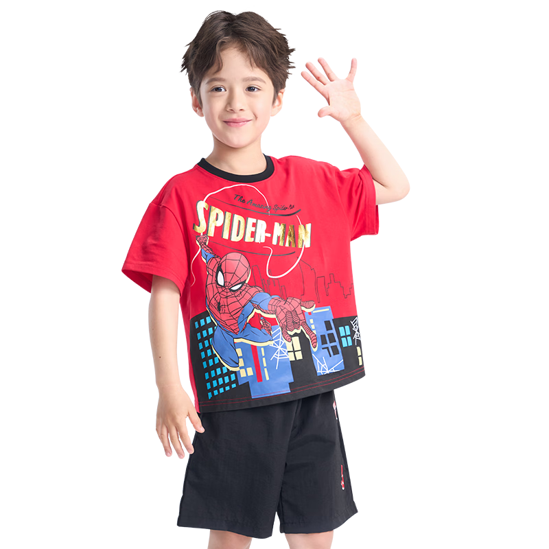 Disney 2026 New Spiderman Boys' Short Sleeve T-Shirt and Shorts Set Summer Breathable Cool 140 CM