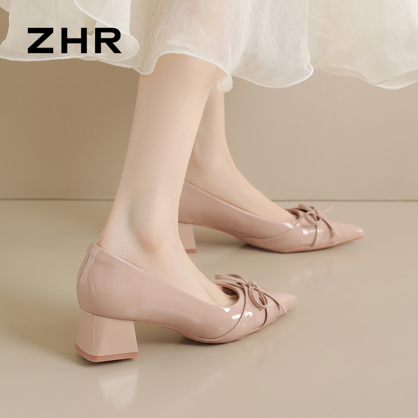 ZHR Women's Shoes 2026 New Thick High Heel Single Shoes French Style Butterfly Shallow Leather Comfortable Shoes Nude Pink Size 39