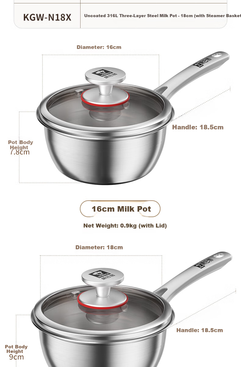 KBH 18cm 316L Stainless Steel Baby Milk Pot with Steamer Basket, Multi-functional Infant Cooking Pan for Boiling and Frying 13