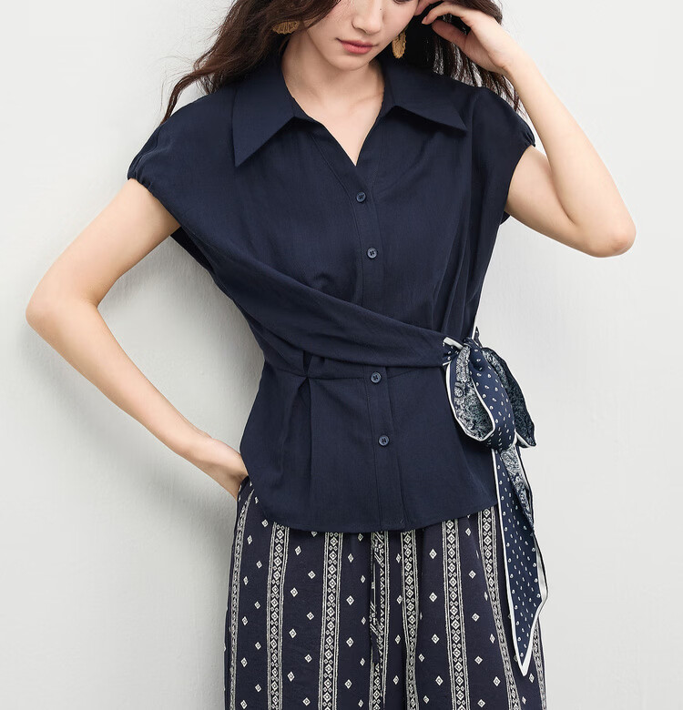 Shangdu Bila Linen Tencel Commuter Shirt Women Spring Summer Printed Tie Pleated Waist Slimming Blouse Turn-down Collar Top 20