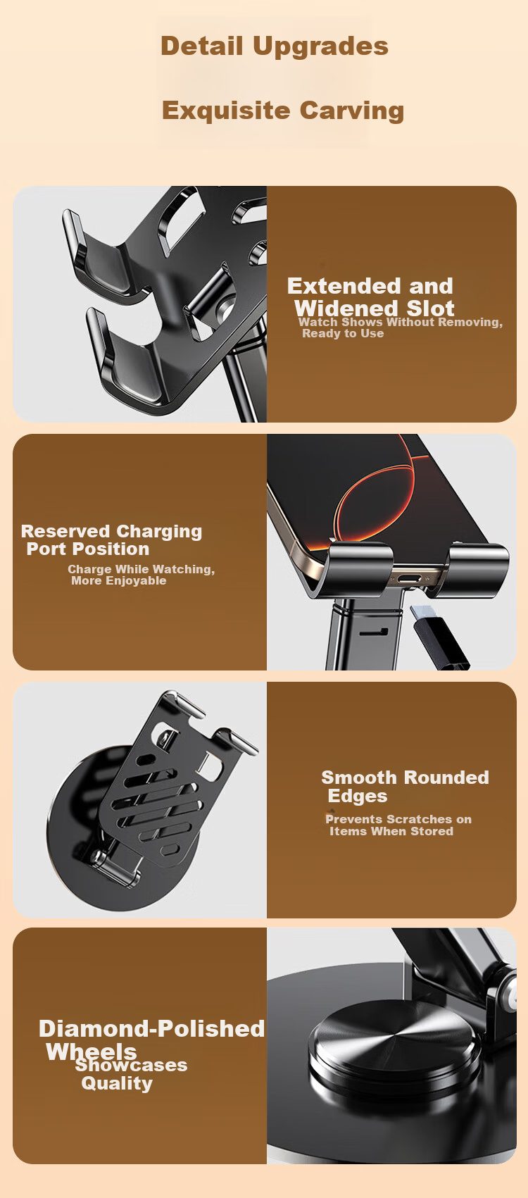 Kewo Adjustable Carbon Steel Mobile Phone Stand Desktop iPad Tablet Holder Bedside Lazy Stand Metal Live Streaming Multi-Functional Foldable Portable 360° Rotatable 17