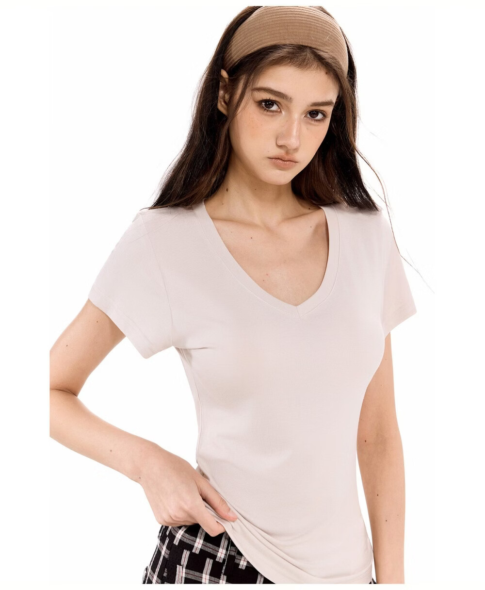 ICH MODE Slim Fit Stretch V-Neck Short Sleeve T-Shirt Women Summer New Casual Sports Shoulder Top Crop Light Purple M 20