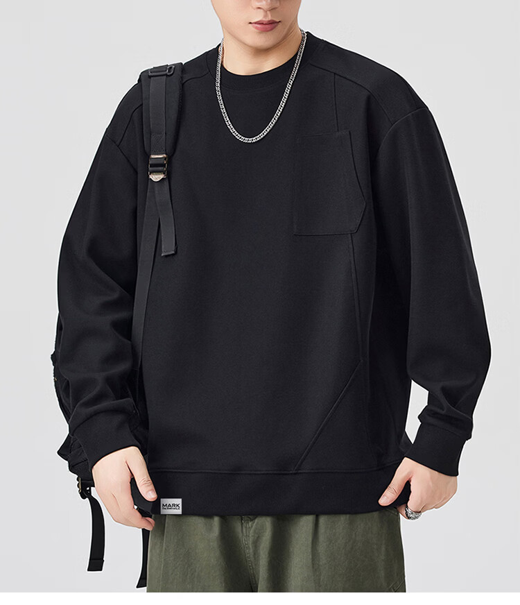 MARK FAIRWHALE Men's Sweatshirt Spring and Autumn American Style Crewneck Casual Loose Fit Trendy Black XL 10
