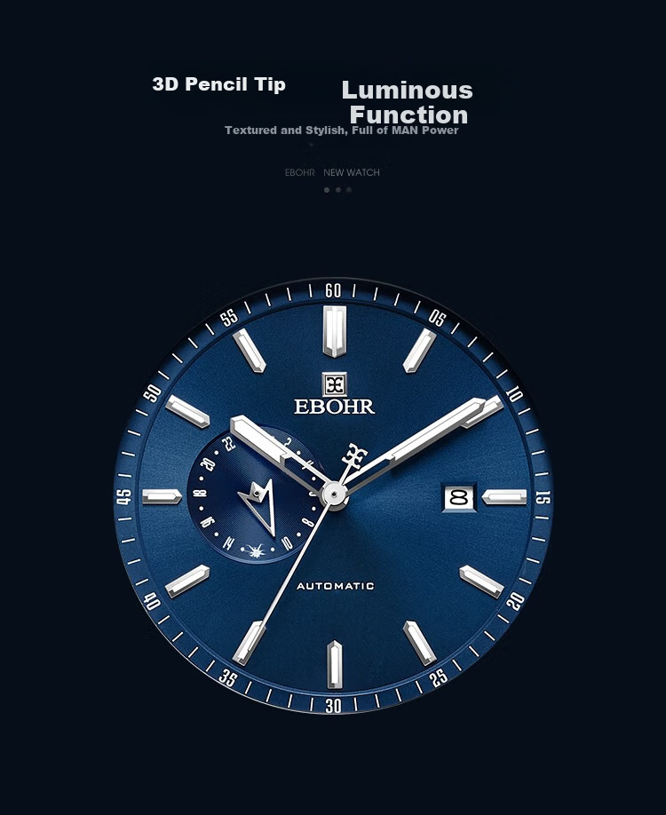 EBOHR Men's Automatic Mechanical Watch Fashion Calendar Stainless Steel Band Male Wristwatch New Year Valentine's Birthday Gift 16
