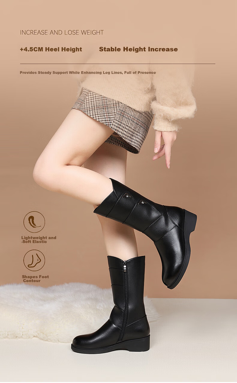 Red Dragonfly Women's Winter Tall Boots Fleece Lined Warm Wedge Heel Height Increasing Middle-aged and Elderly Cotton Shoes WBC442371C Black Size 40 5
